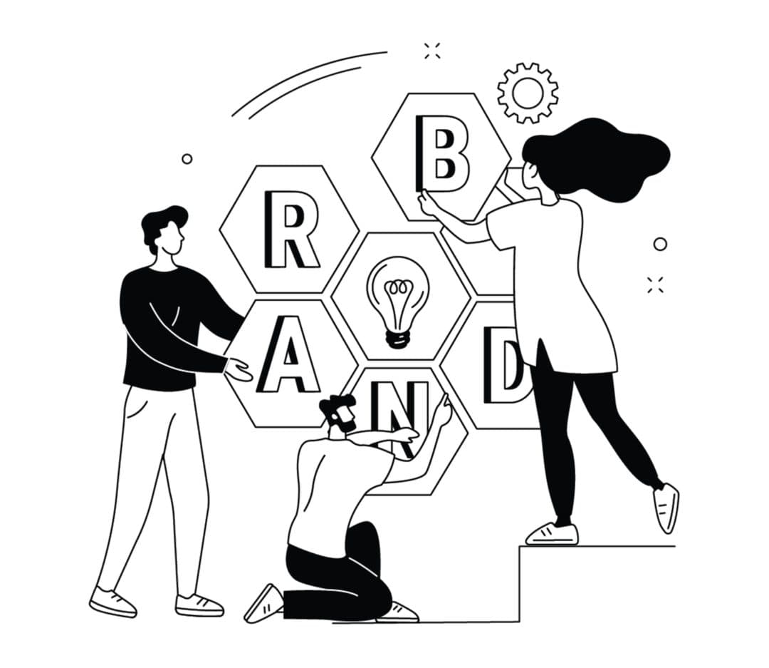 Illustration of a team building the word brand