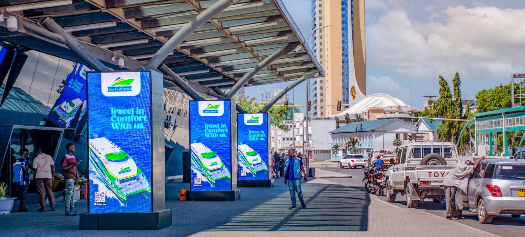 Digital totems outside the SGR terminal in Dar es Salaam