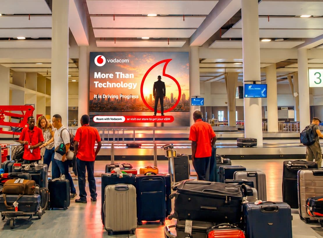 The Vodacom mega wall in the airport baggage hall