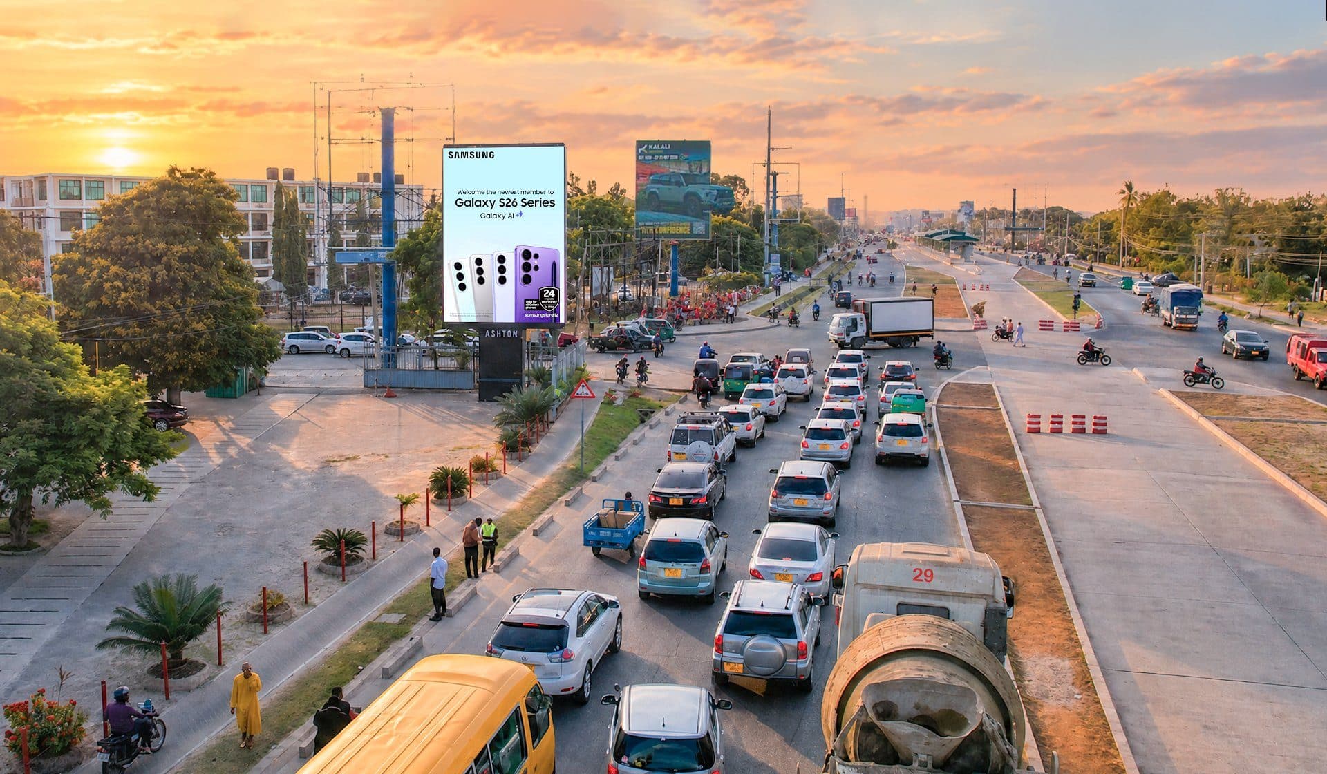 An Ashton digital screen on a main road in Dar es Salaam at sunset
